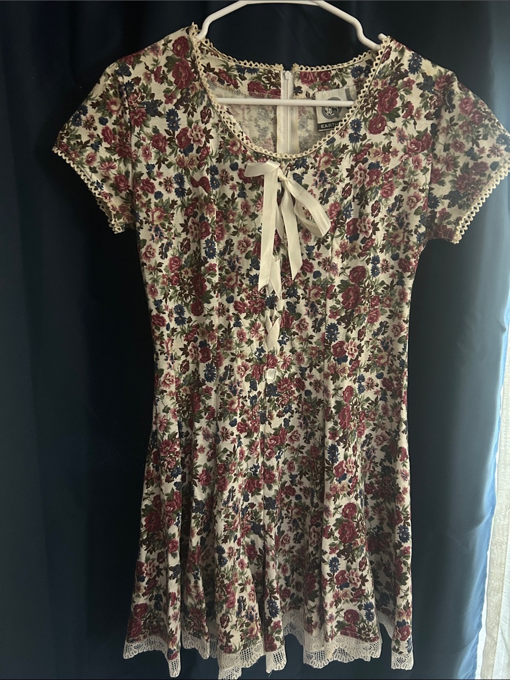 Y2K-Floral Tie-Neck Mini Dress in Cream and Burgundy by EARTH so pretty